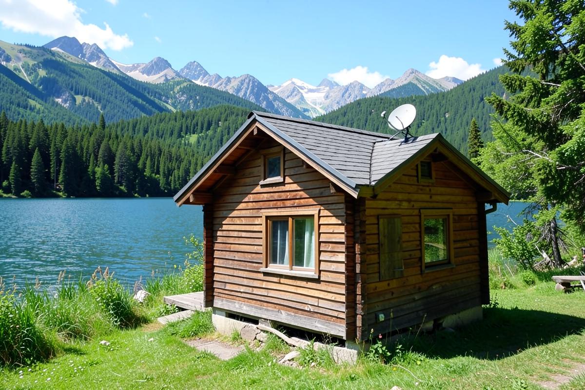 Cabaña rural con antena satelital frente a un lago y montañas